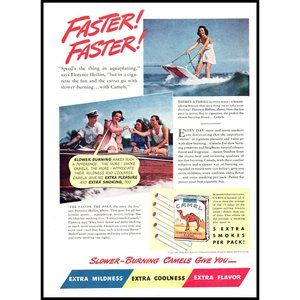 1940 Camel Cigarettes Aquaplaning Wooden Boat Vintage Print Ad Lake Wall Art